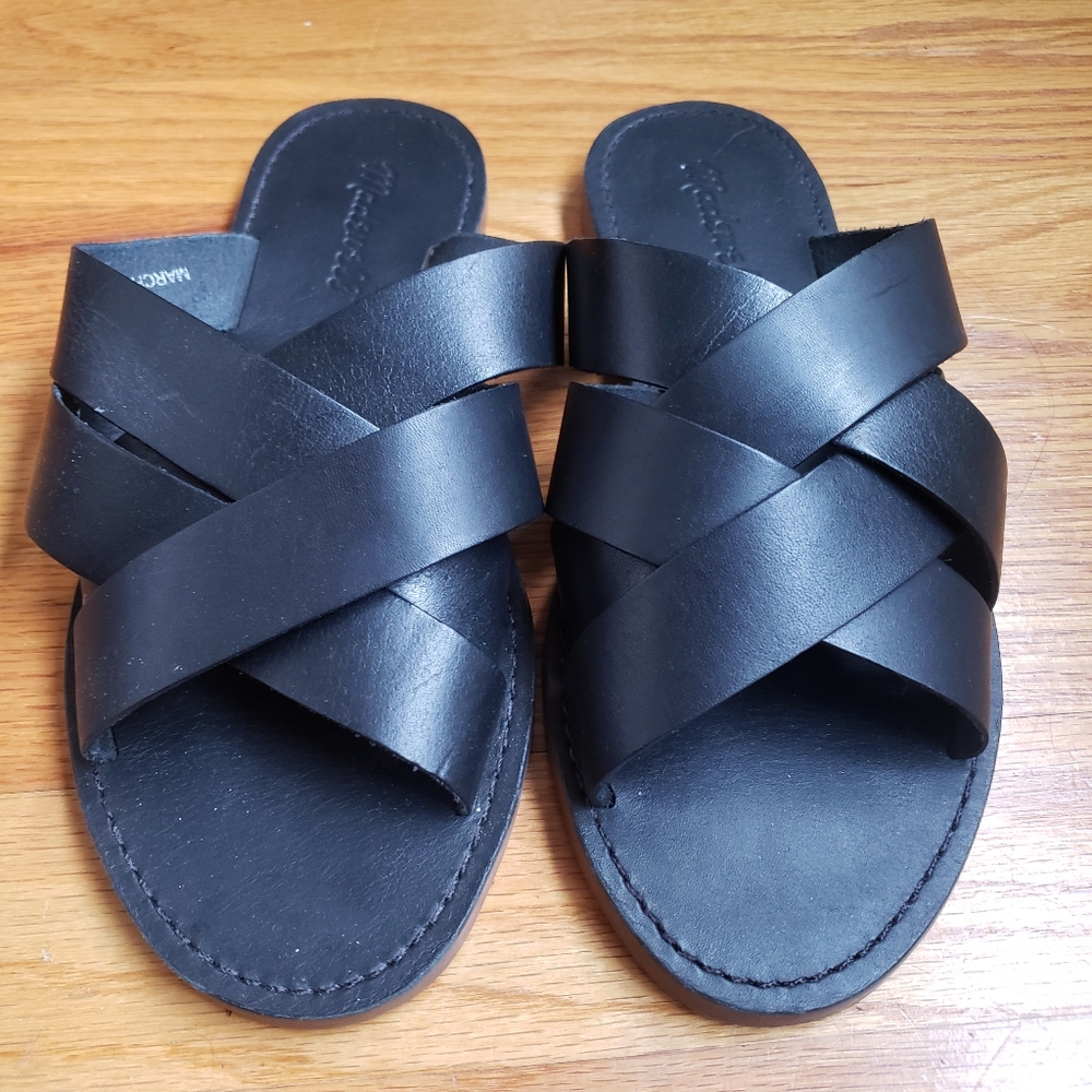 Madewell Boardwalk Woven Sandals leather black slides womens 7